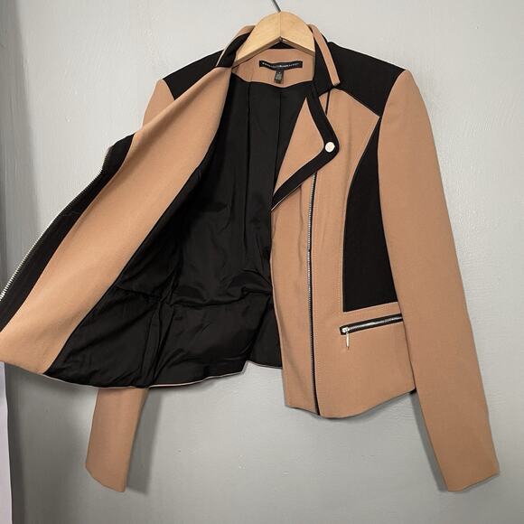 WHBM Jacket Size 4 Tan Black Moto Zip Blazer Office Siren Preppy Avant Garde - Picture 4 of 14